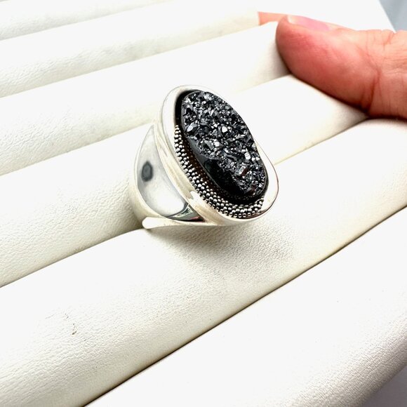 Michael Dawkins Ring Sterling Silver Black Druzy Quartz Size 9 - Picture 4 of 5